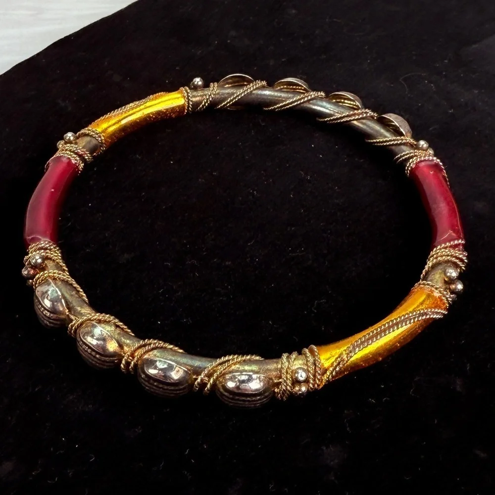 Vintage aged Goldtone and Red Bangle Bracelet